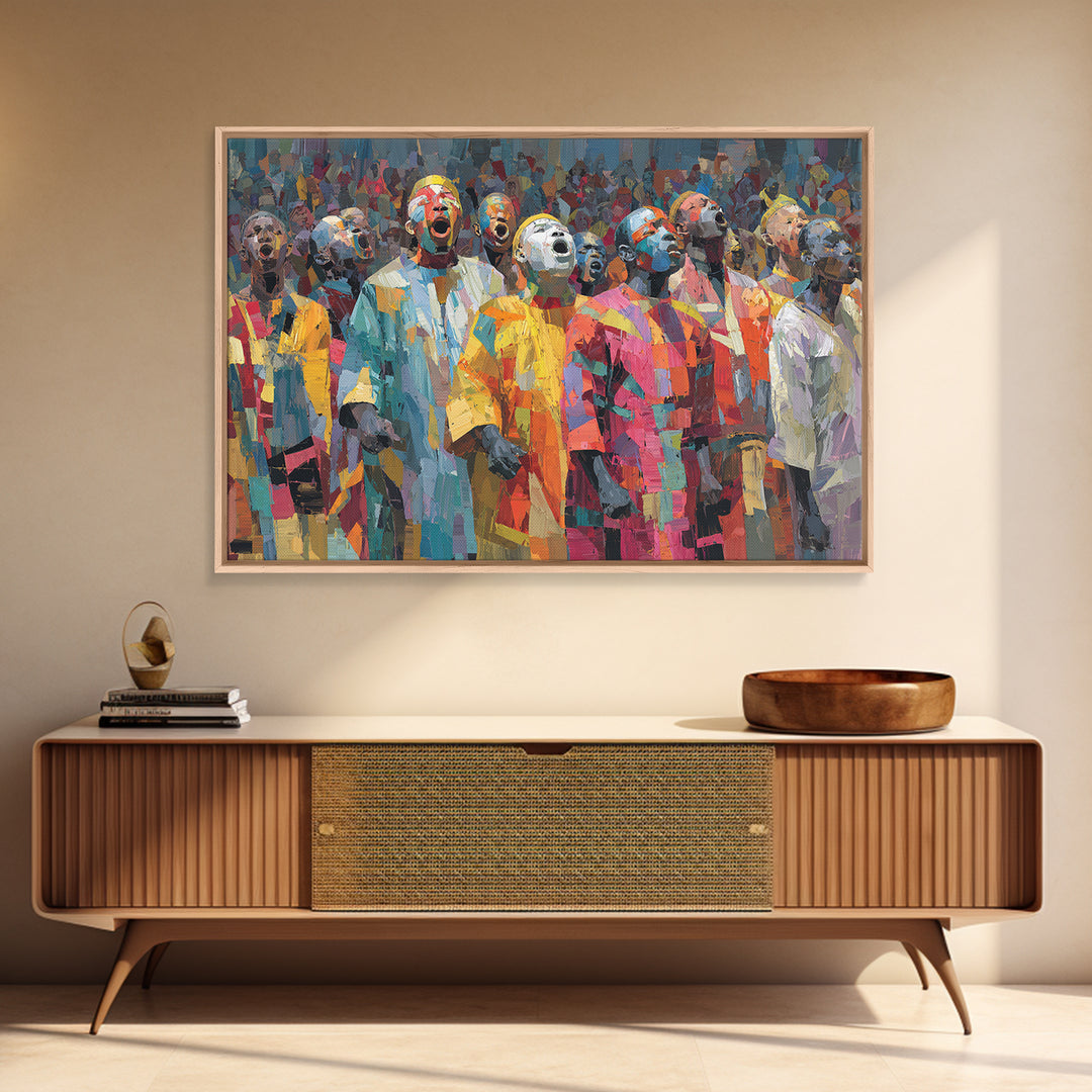 Colorful African Masked Choir Wall Art, Festival Procession Painting, Afrocentric Culture Decor, Bold Gallery Canvas Print
