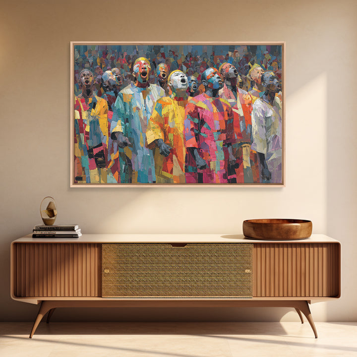 Colorful African Masked Choir Wall Art, Festival Procession Painting, Afrocentric Culture Decor, Bold Gallery Canvas Print