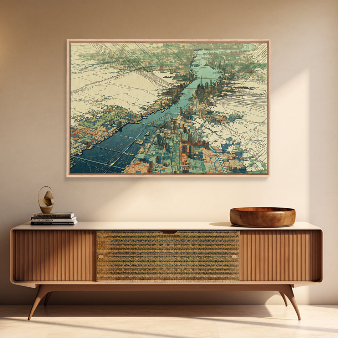 Aerial River City Map Canvas Print, Modern African Travel Inspired Wall Art, Teal Urban Landscape, Statement Office Decor Gift