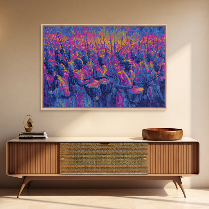 Neon African Drumming Festival Wall Art, Colorful Celebration Painting, Afrocentric Music Decor, Vibrant Living Room Canvas Print