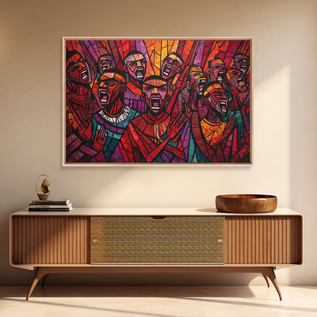 Stained Glass African Choir Wall Art, Bold Red Tribal Celebration Painting, Black Culture Decor, Expressive Canvas Print