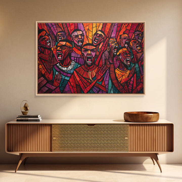 Stained Glass African Choir Wall Art, Bold Red Tribal Celebration Painting, Black Culture Decor, Expressive Canvas Print