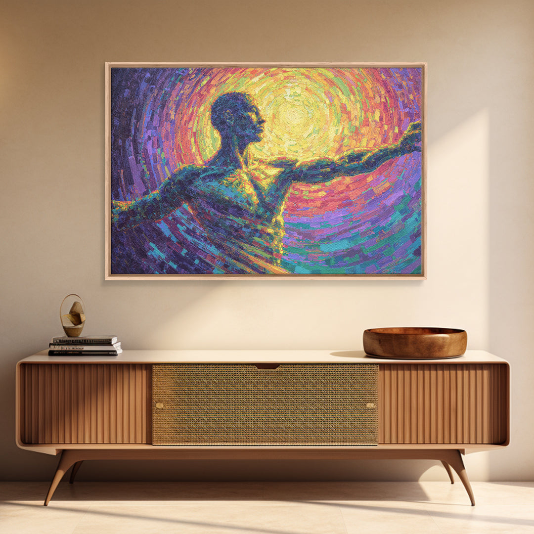 Radiant African Dancer Silhouette Canvas Print, Spiritual Abstract Wall Art, Colorful Black Figure, Meditation Room Decor