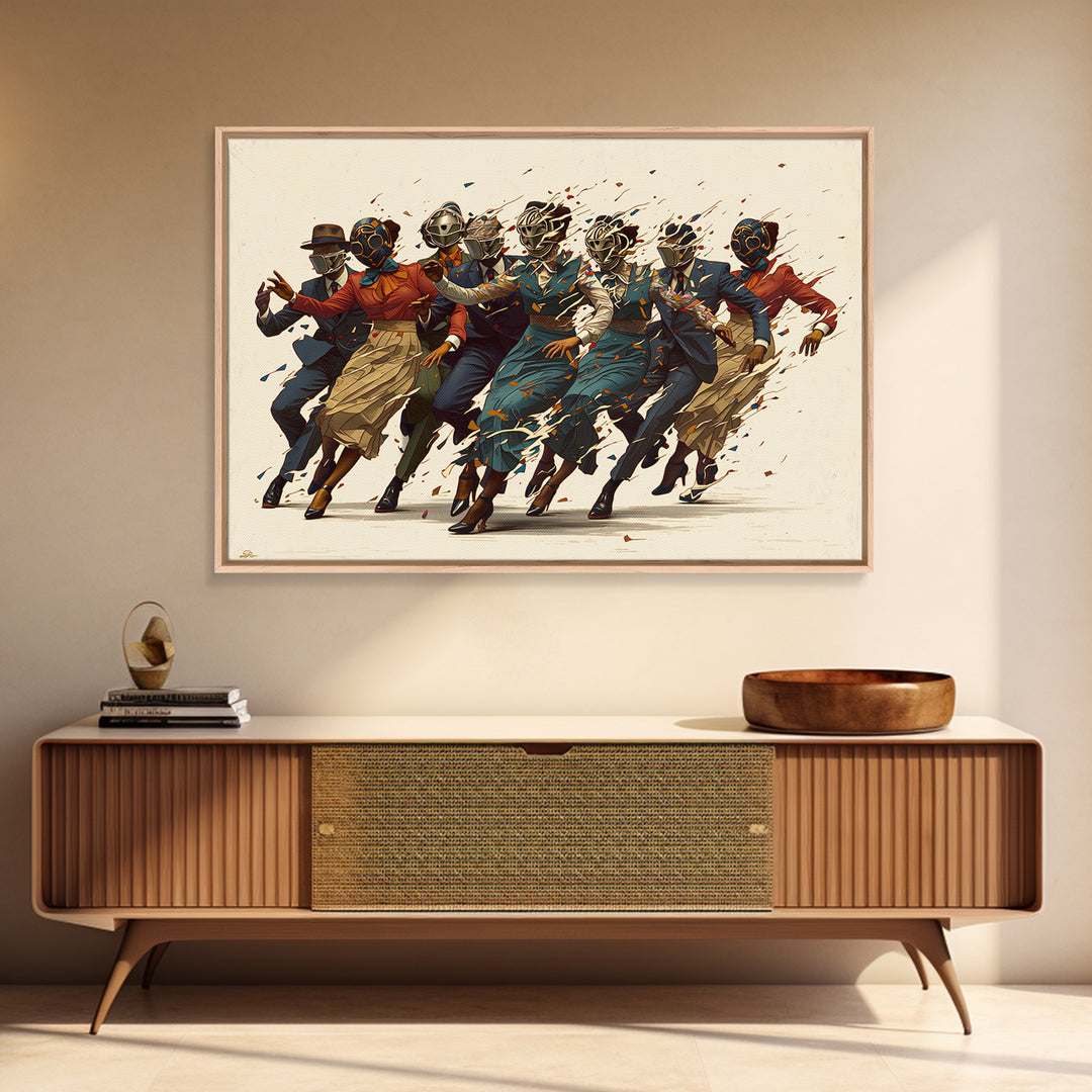 Masked African Jazz Dancers Canvas Print, Afrofuturism Fashion Wall Art, Stylish Black Culture Decor, Unique Home Decor Gift