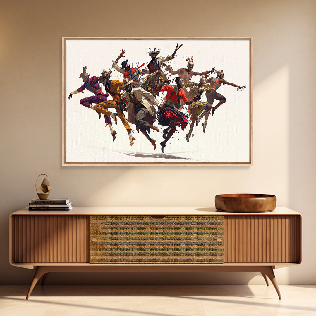 Joyful African Tribal Dancers Wall Art, Dynamic Masquerade Celebration Painting, Afrocentric Decor, Vibrant Canvas Print Gift