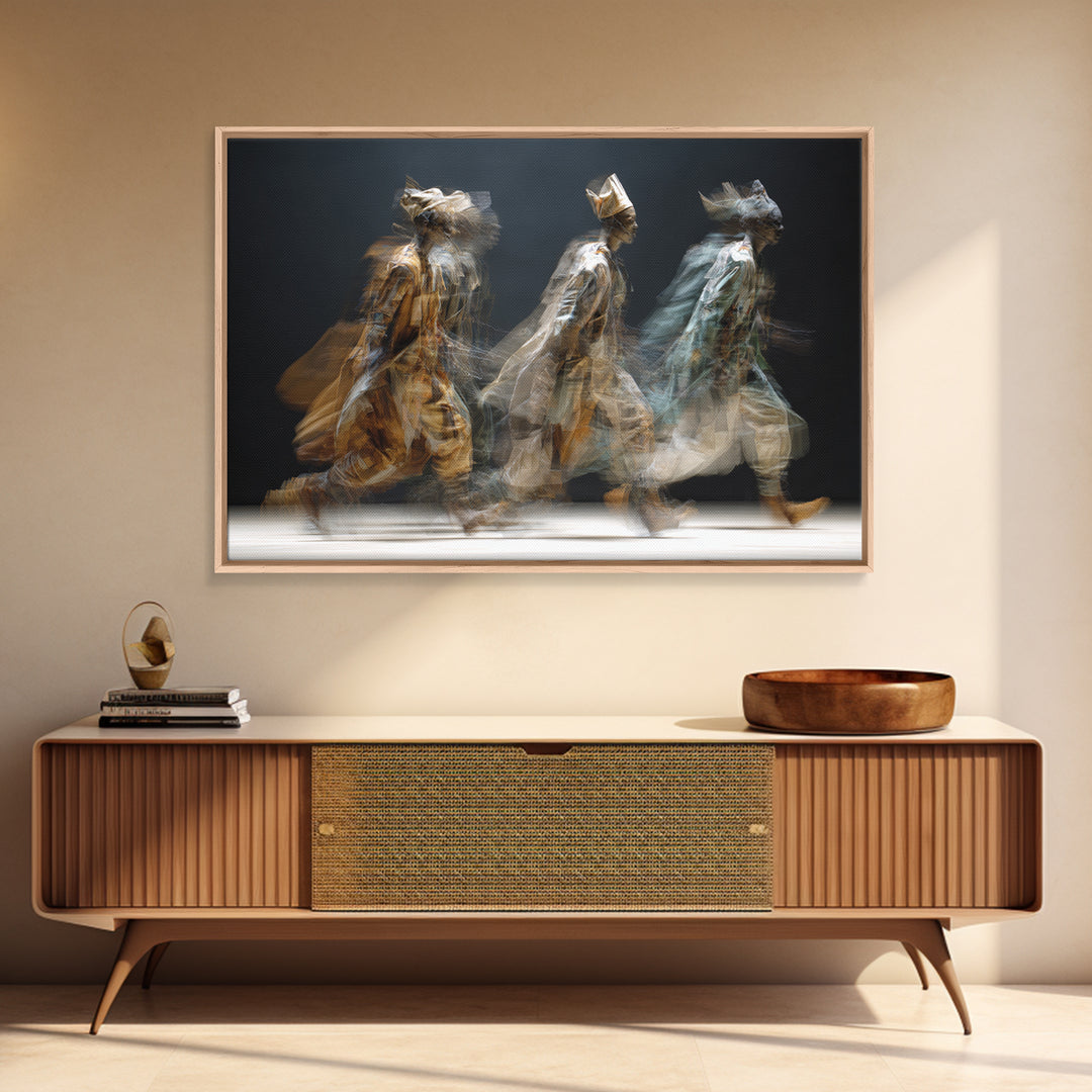 Blurred African Spirit Walkers Framed Canvas Print, Modern Afrocentric Wall Art, Ethnic Home Decor, Dreamy Motion Painting