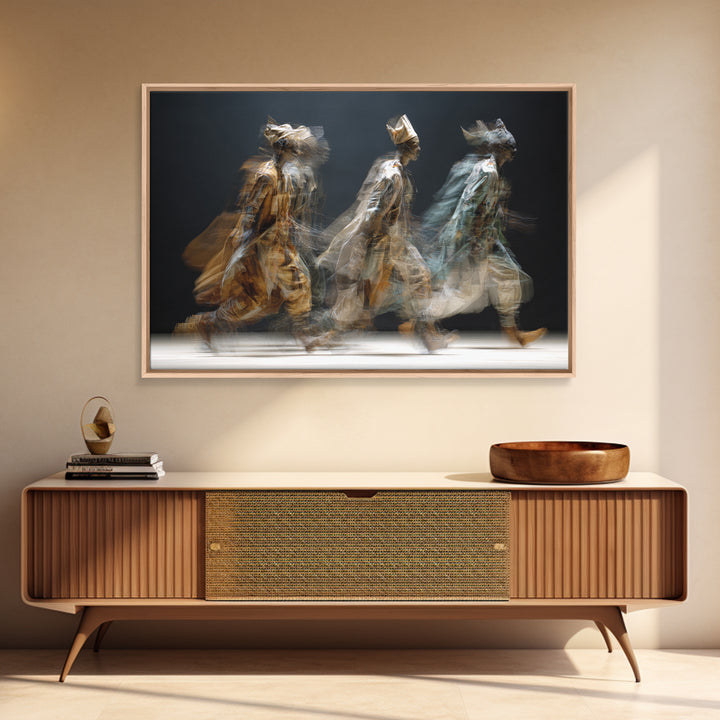 Blurred African Spirit Walkers Framed Canvas Print, Modern Afrocentric Wall Art, Ethnic Home Decor, Dreamy Motion Painting