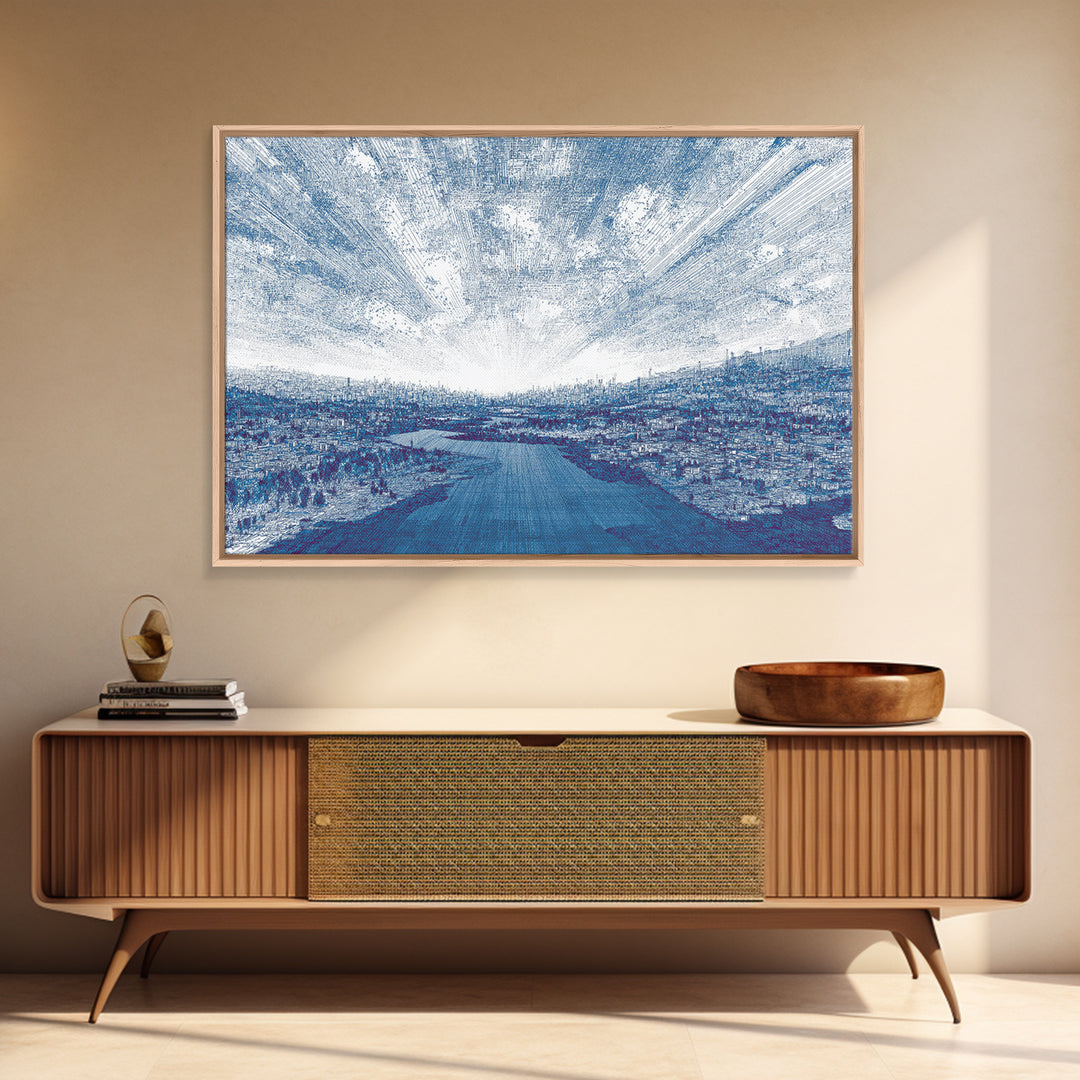 Blue River City Skyline Wall Art, Abstract Landscape Canvas Print, Modern Office Decor, Coastal Urban Artwork In Cool Tones