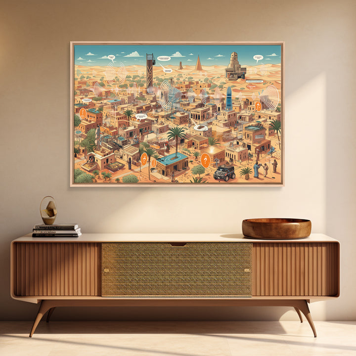 Afrofuturist Desert City With Radio Signals Wall Art, African Landscape, Modern Canvas Art, Tech Inspired Office Decor Print