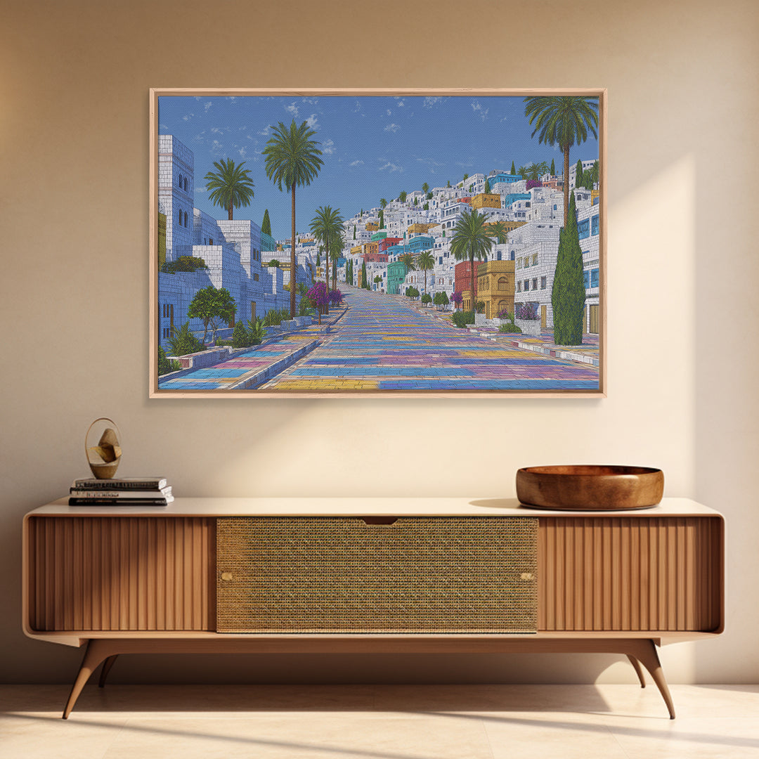 Sunny White Hillside Street With Rainbow Steps Canvas Print, Morocco Africa Travel Poster, Blue Palm Tree Wall Decor Art