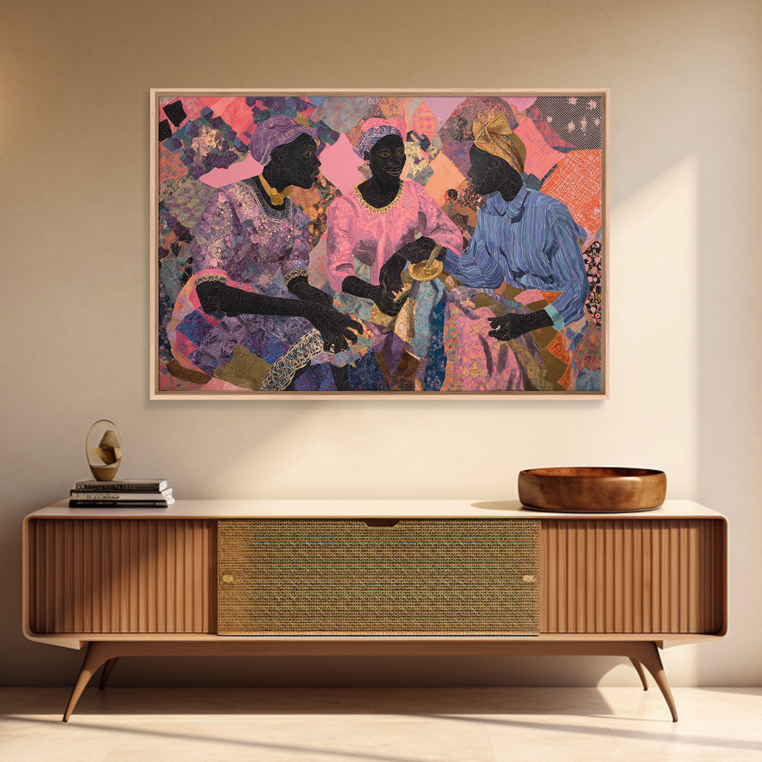 Three African Women Sharing Tea Framed Canvas Print, Textile Art, African Fabric, Black Women Art, Cultural Home Decor Gift