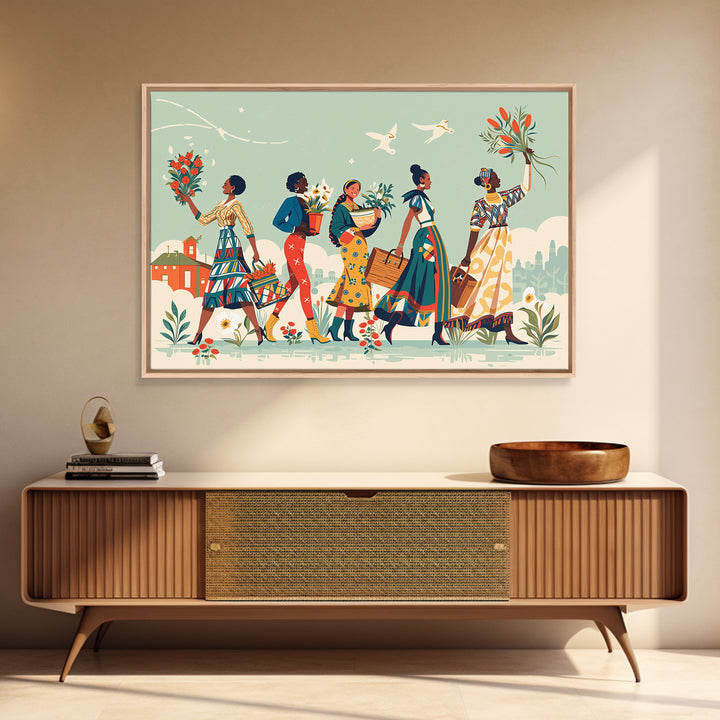 Joyful African Women Carrying Flowers Wall Art, Feminine Wall Decor, Ankara Inspired Print, Black Girl Magic Home Decor Gift