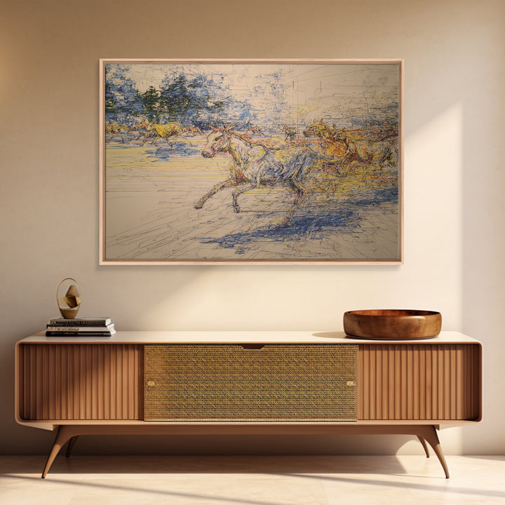 Galloping Horses In Dynamic Sketch Canvas Print, Abstract Painting, Statement Modern Wall Decor, Rustic Living Room Art Gift