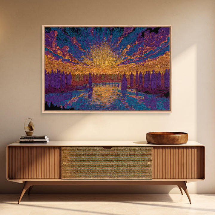 Vibrant Sunset Gathering By Water Wall Art, Mystical Wall Art, Spiritual Decor, Colorful African Art Print Large Canvas Gift