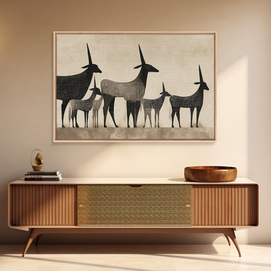 Minimalist Antelope Family Silhouette Canvas Print, African Safari Art, Neutral Tribal Decor, Beige Living Room Wall Decor