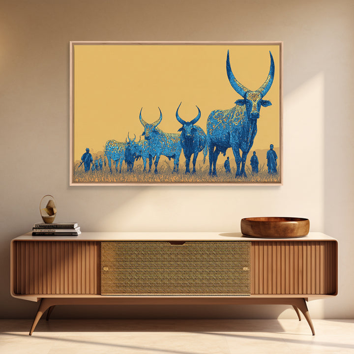 Blue Ornate Ankole Cattle Herd Canvas Print, African Safari Art, Tribal Animal Decor, Golden Savanna Statement Wall Art Print