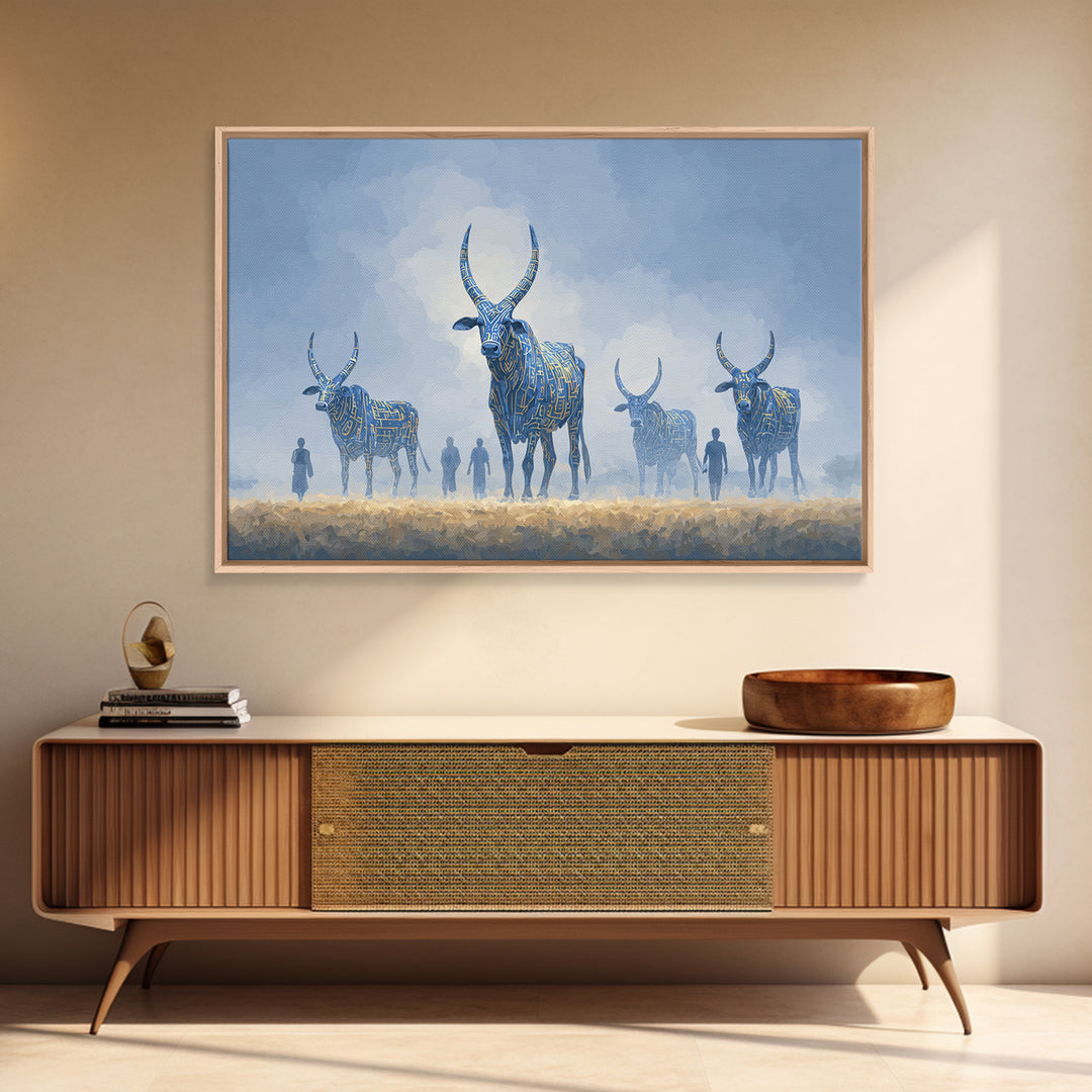 Misty Blue Ankole Cattle In Grassland Framed Canvas Print, African Animal Art, Serene Safari Decor, Modern Wall Art Home Decor