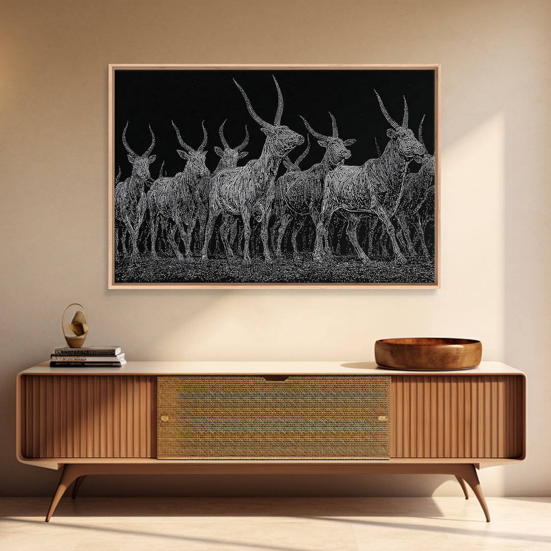 Black And White Ankole Herd At Night Canvas Print, African Animal Art, Minimalist Safari Decor, Bold Statement Wall Art Print