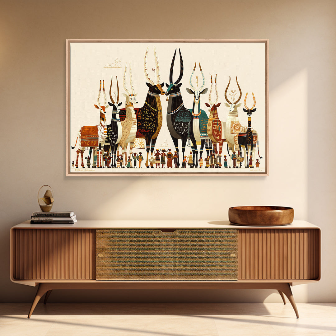 Stylized Sacred Cattle And Villagers Framed Canvas Print, African Egyptian Art, Tribal Culture Decor, Colorful Wall Art Print