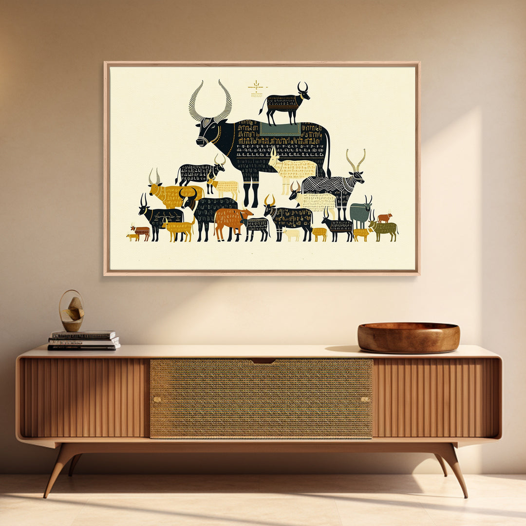 Stacked Sacred Cattle Hieroglyph Inspired Canvas Print, African Egyptian Art, Tribal Animal Decor, Unique Wall Art Print