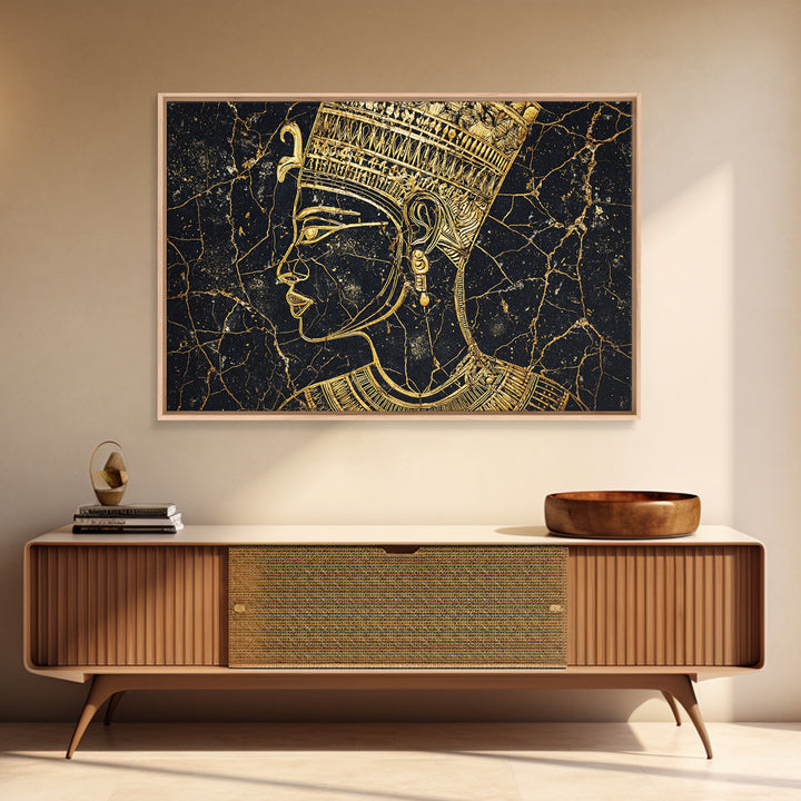 Gold Egyptian Queen Profile On Black Marble Wall Art, African Portrait, Afrocentric Decor, Black And Gold Cultural Home Decor