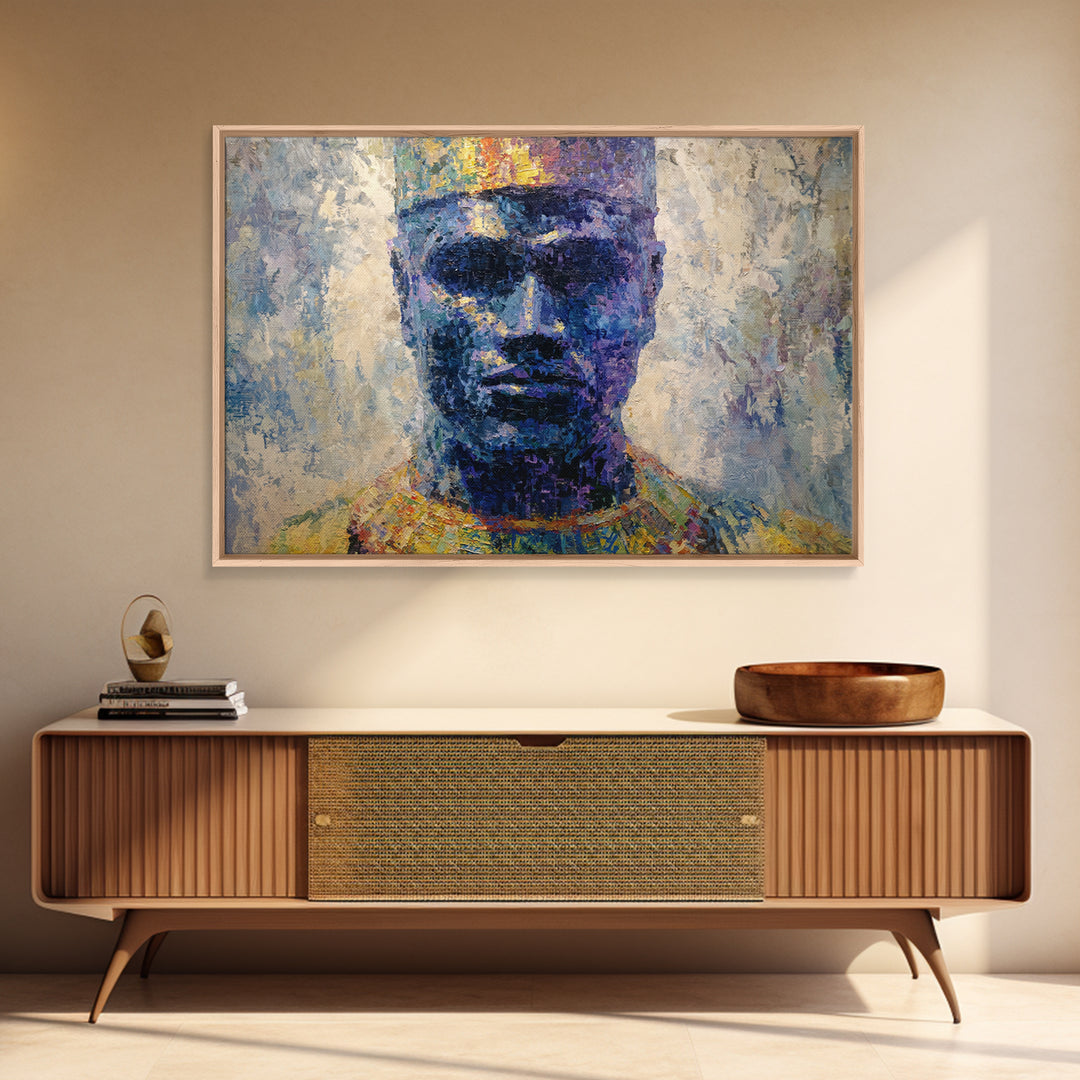 Blue Crowned African Man Portrait Canvas Print, Modern Afrocentric Art, Black Male Wall Decor, Textured Cultural Artwork