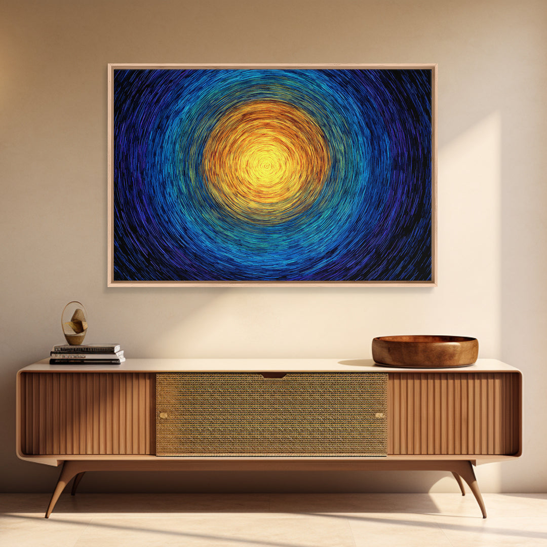 Radiant Sun Spiral In Blue And Gold Wall Art, Abstract African Inspired Print, Modern Canvas Decor, Meditation Room Artwork