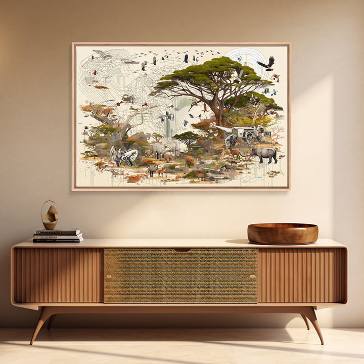 Acacia Safari Wildlife Collage Framed Canvas Print, African Animal Art, Serengeti Wall Decor, Nature Scene Living Room Decor