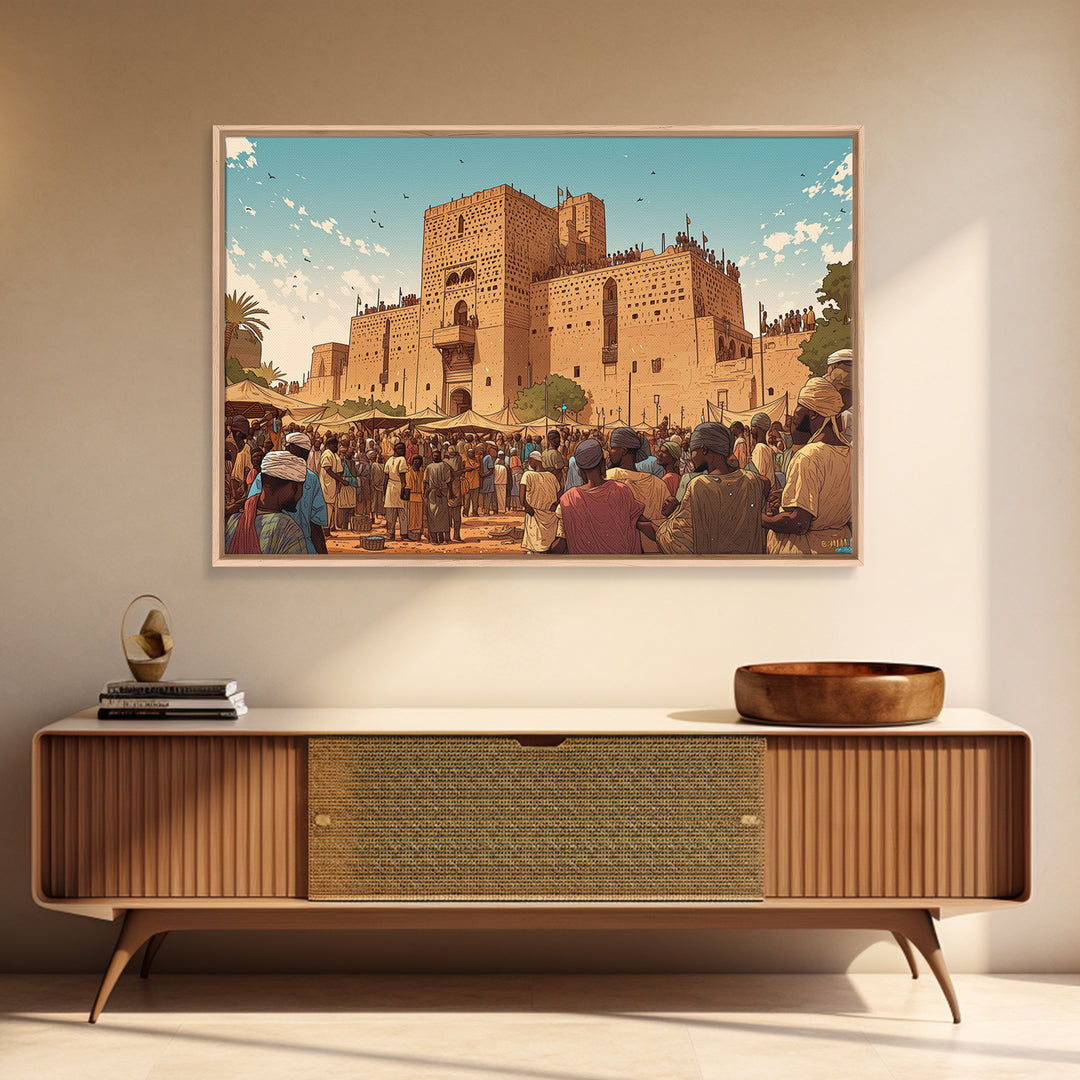 Adobe African Market Fortress Canvas Print, Cultural City Wall Art, West Africa Poster, Earth Tone Travel Home Decor Gift