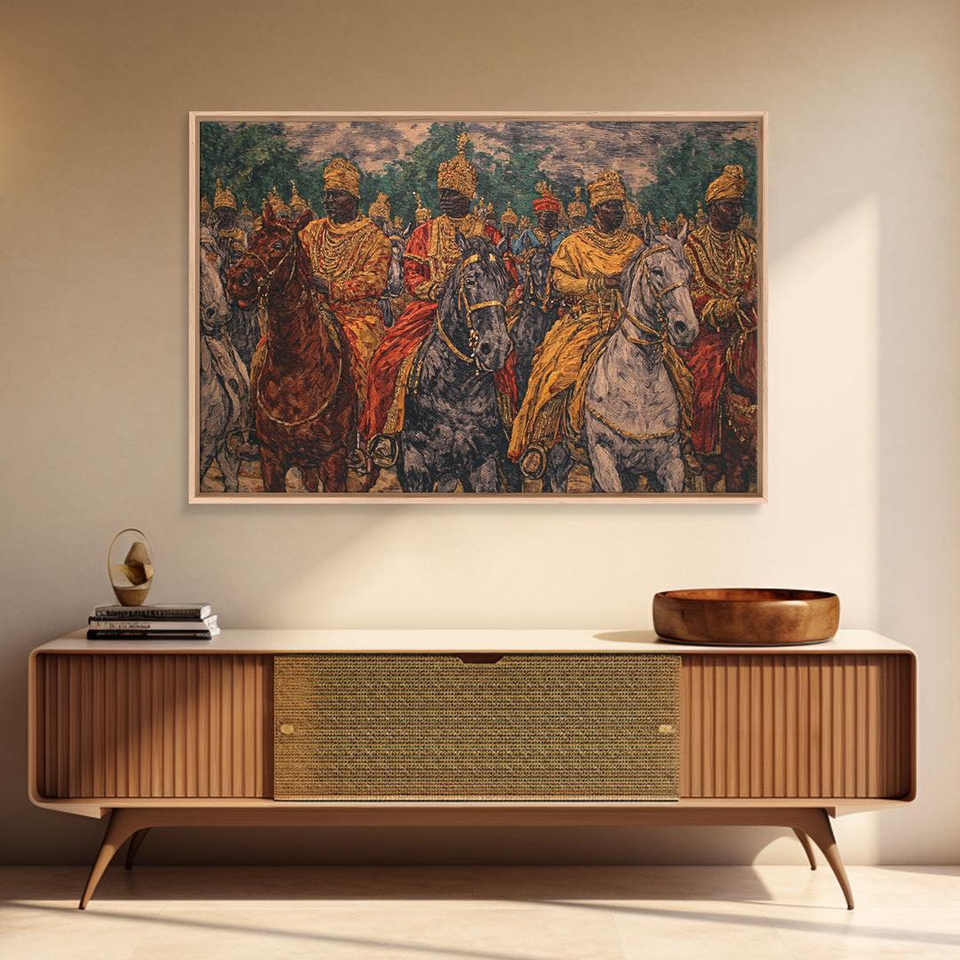 Regal African Horsemen Procession Wall Art, Royal Warrior Riders, Afrocentric Decor, Tribal History, Luxury Canvas Home Decor