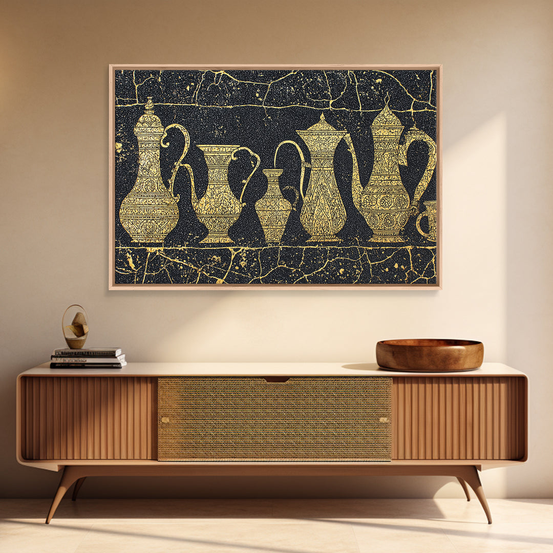 Gold African Coffee Pots Canvas Print, Ornate Black And Gold Design, Ethnic Kitchen Wall Decor, Luxury Cultural Art Gift