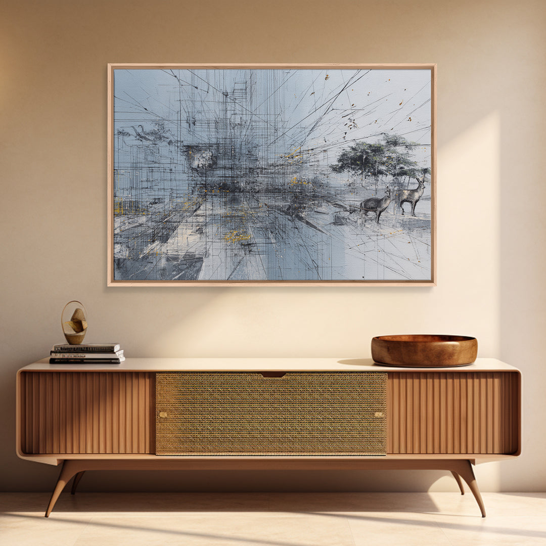 Minimal African Landscape Wall Art, Abstract Savanna Antelope Scene, Baobab Tree, Modern Safari Decor, Neutral Office Art