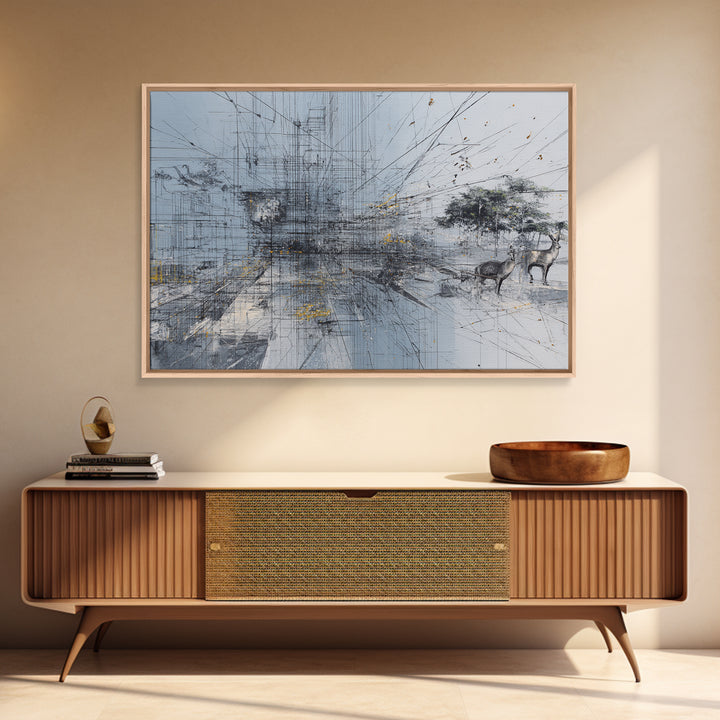 Minimal African Landscape Wall Art, Abstract Savanna Antelope Scene, Baobab Tree, Modern Safari Decor, Neutral Office Art