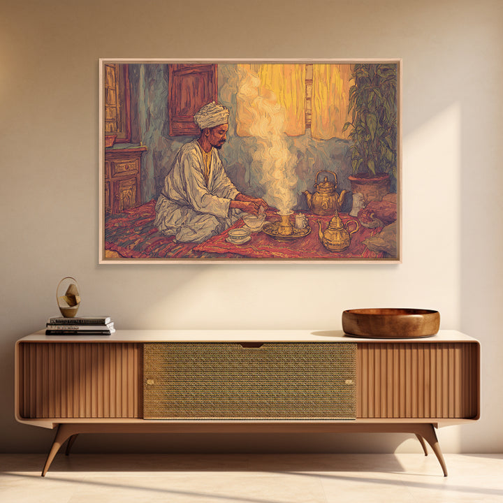 Seated African Tea Ceremony Framed Canvas Print, Spiritual Prayer Room Smoke, Traditional Interior, Afrocentric Wall Decor Gift