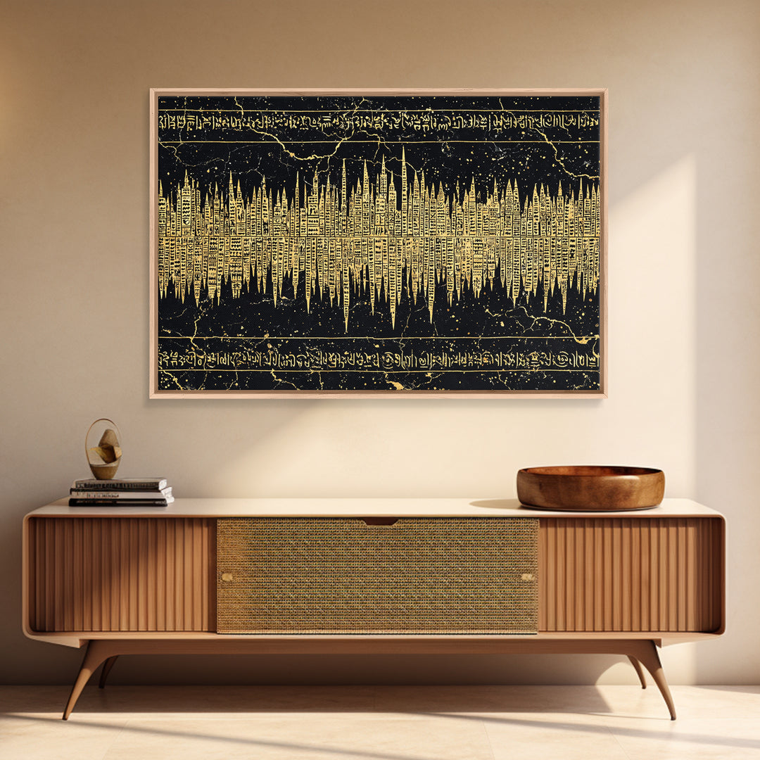 Golden Ancient Soundwave Script Wall Art, Black And Gold African Abstract, Spiritual Office Decor Framed Canvas Print Gift