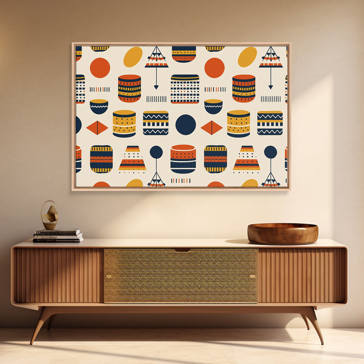 African Drum And Shield Pattern Wall Art, Ankara Inspired Geometric Decor, Tribal Fabric Style Framed Canvas Print Home Decor Gift