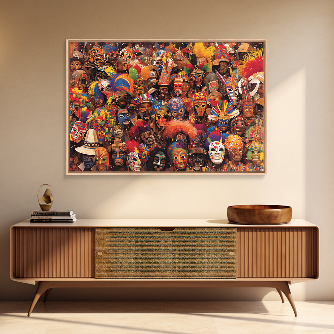 Festive African Carnival Mask Crowd Canvas Print, Colorful Tribal Wall Art, Afrocentric Celebration Decor, Black Culture Gift