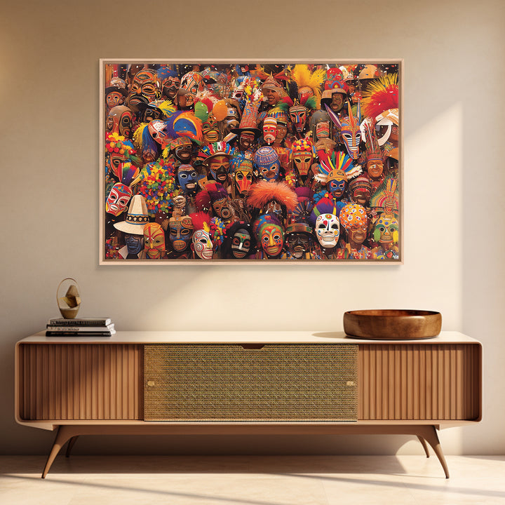 Festive African Carnival Mask Crowd Canvas Print, Colorful Tribal Wall Art, Afrocentric Celebration Decor, Black Culture Gift