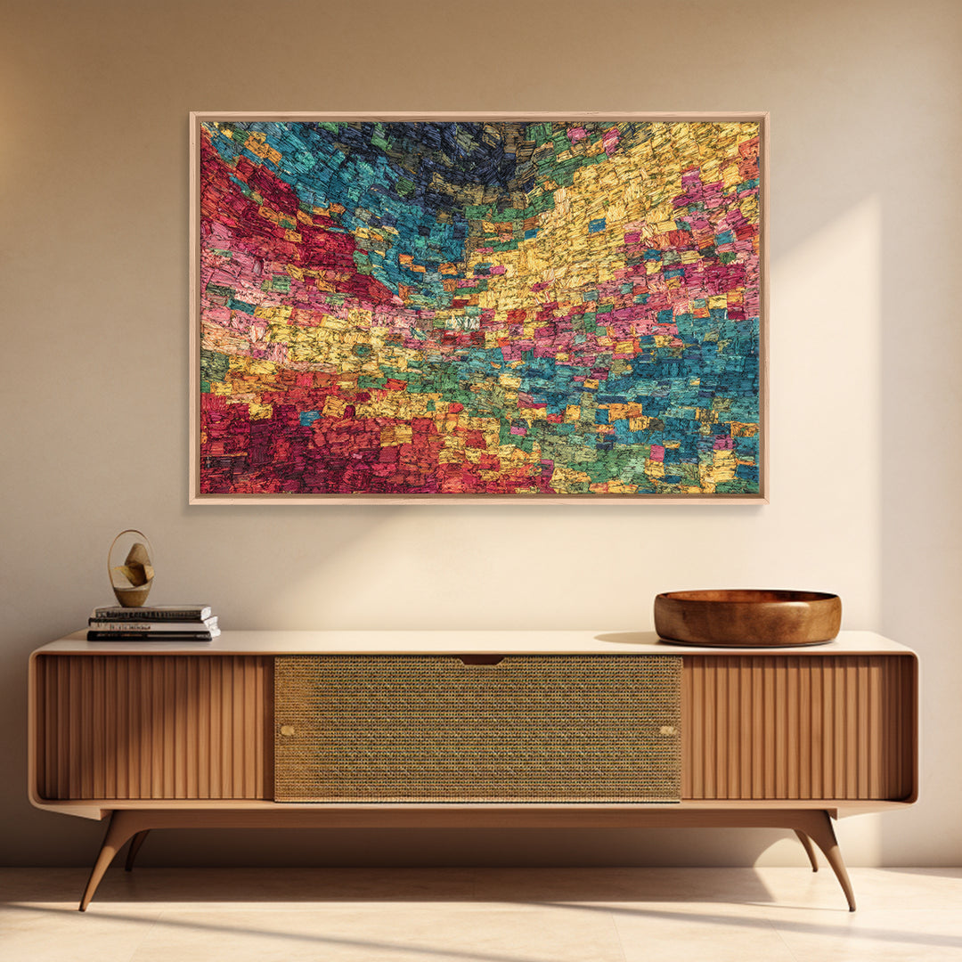 Colorful Mosaic Textile Landscape Wall Art, Abstract African Fabric Patterns, Modern Boho Decor, Textured Canvas Print Gift
