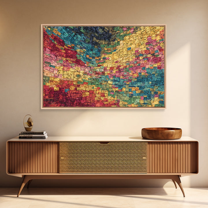 Colorful Mosaic Textile Landscape Wall Art, Abstract African Fabric Patterns, Modern Boho Decor, Textured Canvas Print Gift
