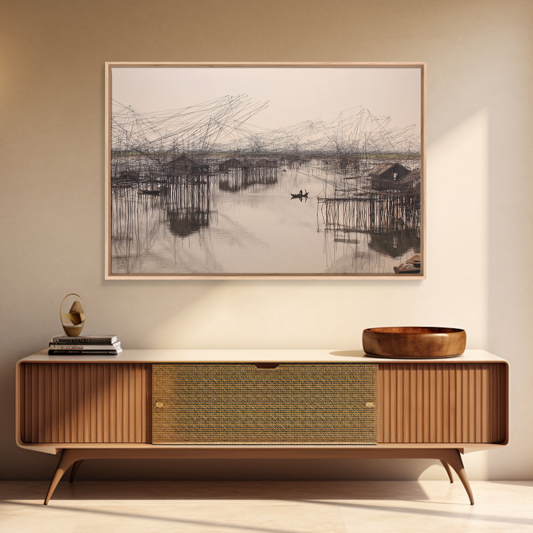 Sepia Stilt Fishing Village On Calm Water Wall Art, African Landscape, Coastal Home Decor, Serene Living Room Canvas Print