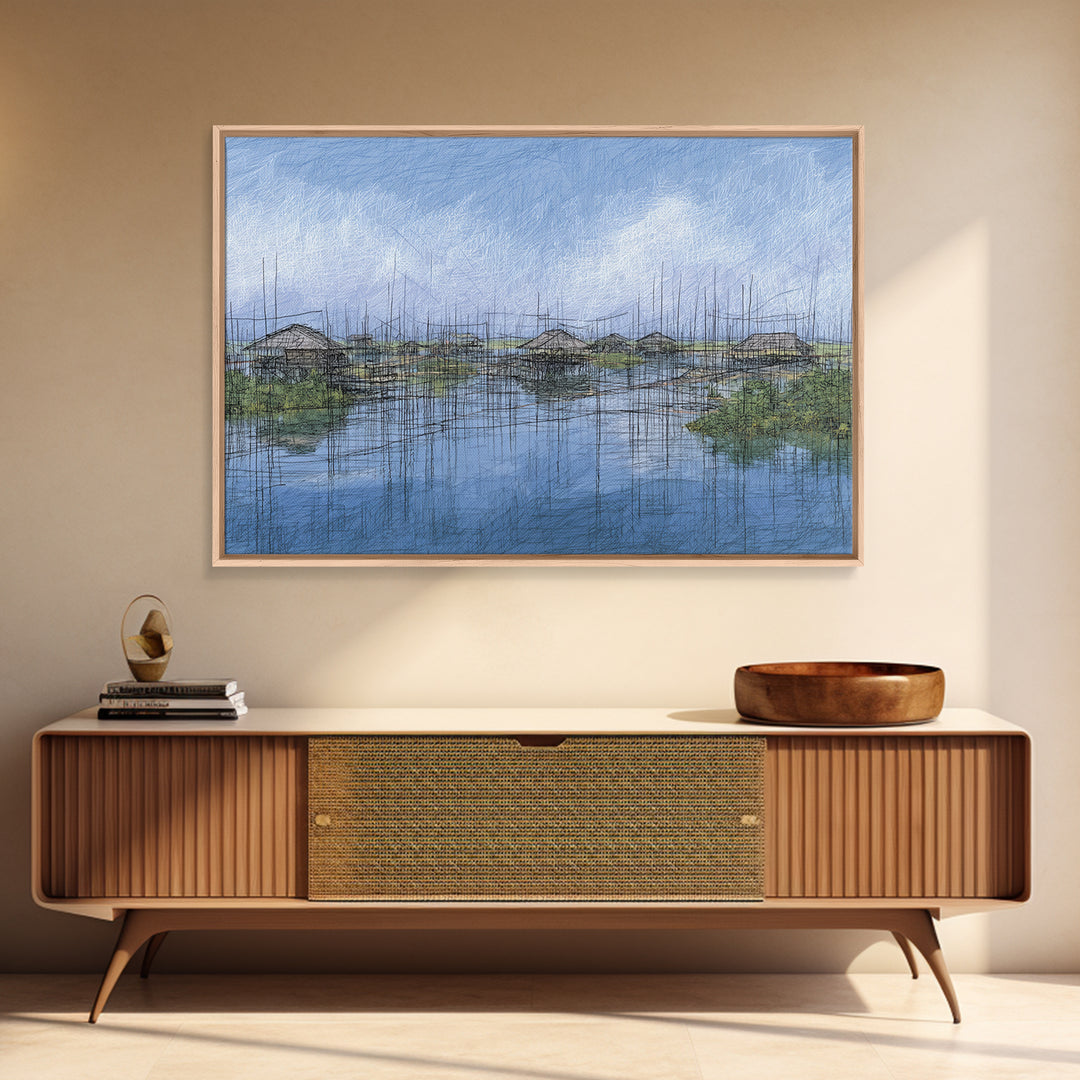Rainy Wetland Stilt Huts With Blue Reflections Wall Art, African Landscape, Modern Coastal Decor, Peaceful Canvas Print Gift