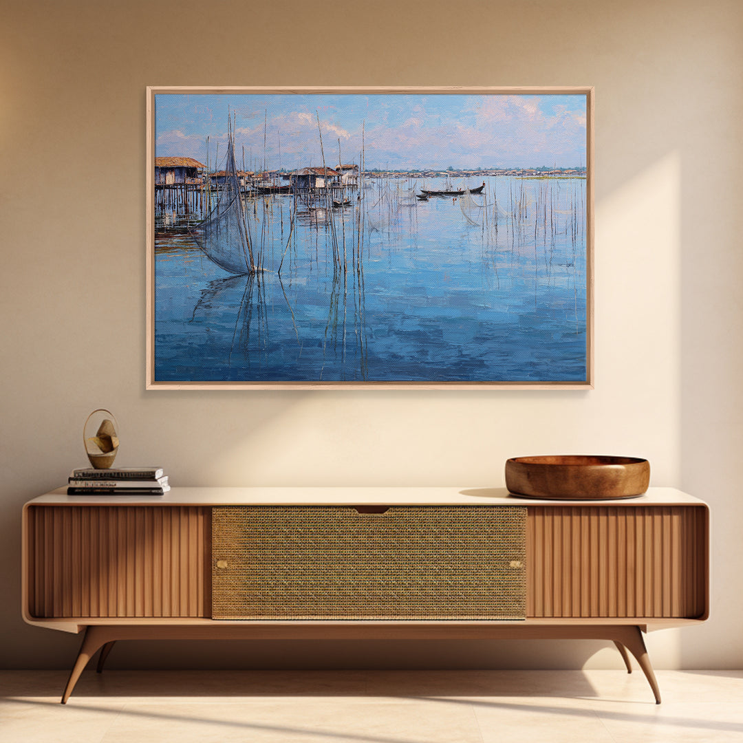 Painterly Blue Stilt Village With Small Boat Canvas Print, African Wall Art, Coastal Living Room Decor, Serene Lake Gift