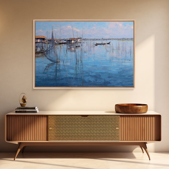 Painterly Blue Stilt Village With Small Boat Canvas Print, African Wall Art, Coastal Living Room Decor, Serene Lake Gift