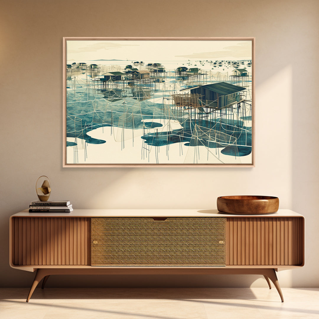 Graphic Stilt House Fishing Village Over Turquoise Water Wall Art, African Landscape, Modern Coastal Decor, Canvas Print Gift