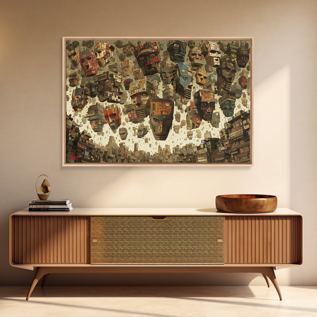 Floating Tribal Masks In Futuristic African City Framed Canvas Print, African Mask Art, Afrocentric Wall Decor, Bold Gift