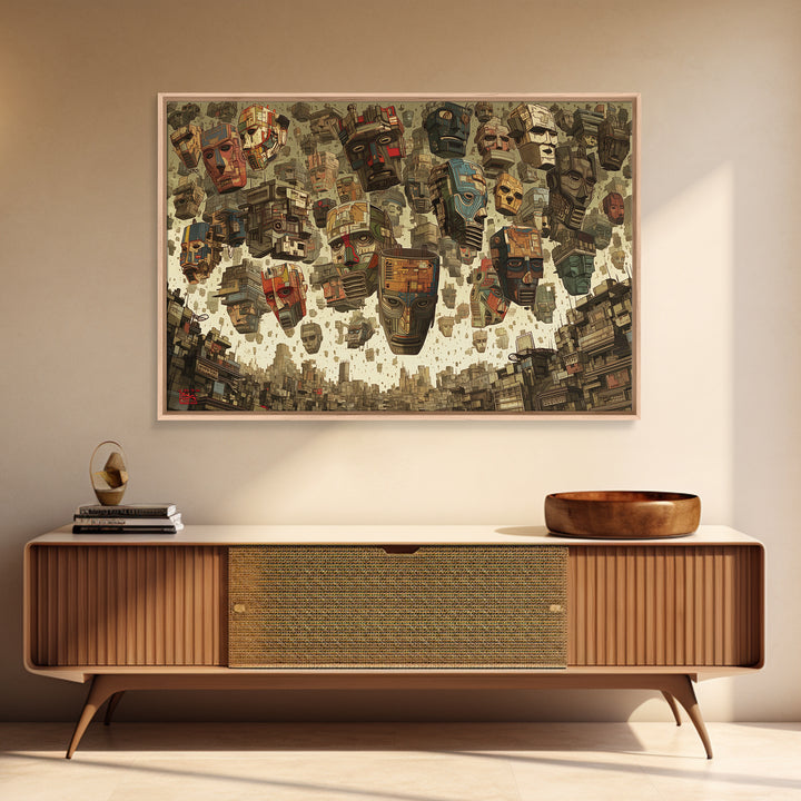 Floating Tribal Masks In Futuristic African City Framed Canvas Print, African Mask Art, Afrocentric Wall Decor, Bold Gift