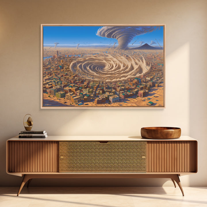 Surreal Desert City With Giant Tornado Storms Canvas Print, African Landscape Wall Art, Sci Fi Home Decor, Statement Gift