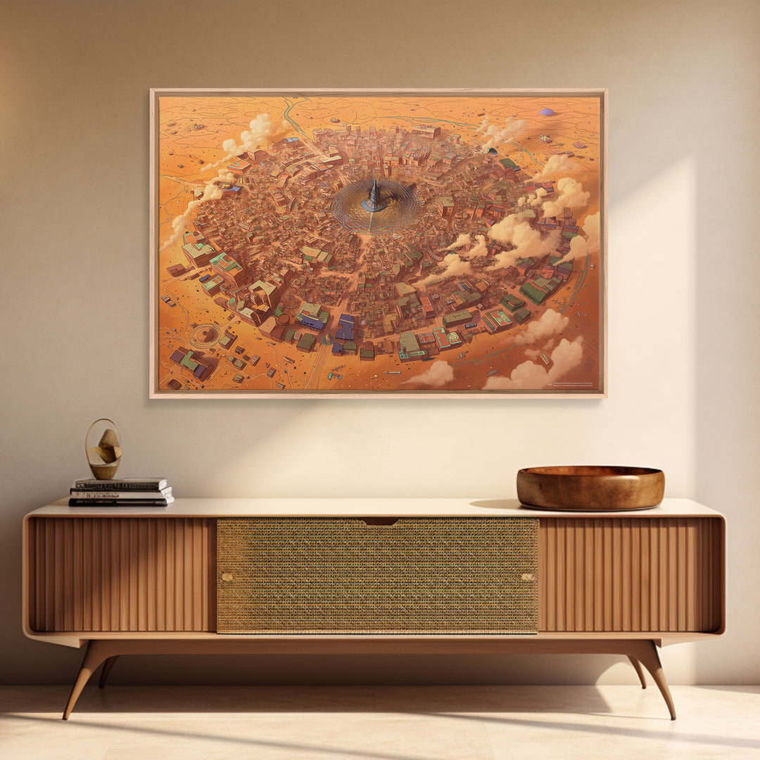 Circular Desert City Around A Central Spire Canvas Print, African Landscape Wall Art, Futuristic Home Decor, Unique Gift