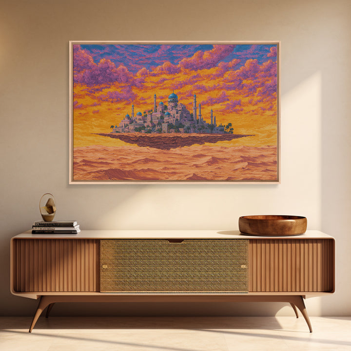 Floating Desert Palace Framed Canvas Print, Orange Sunset Mosque Artwork, African Inspired Travel Decor For Statement Walls